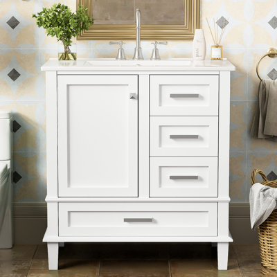 Armoire de salle de bain blanche 30 po - Design moderne avec bois massif. Comprend un lavabo, 3 tiroirs et une porte à fermeture en douceur pour meuble-lavabo fonctionnel