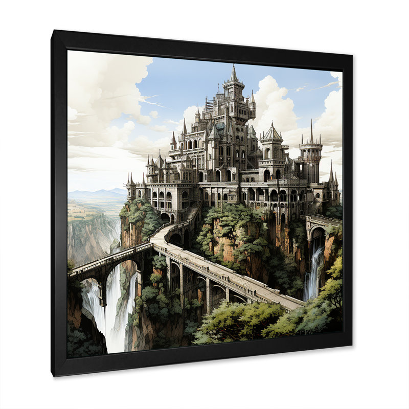 Dessin mystique d'un château III - impressions murales de château, H 30 po x l 30 po x P 1 po, Cadre photo noir