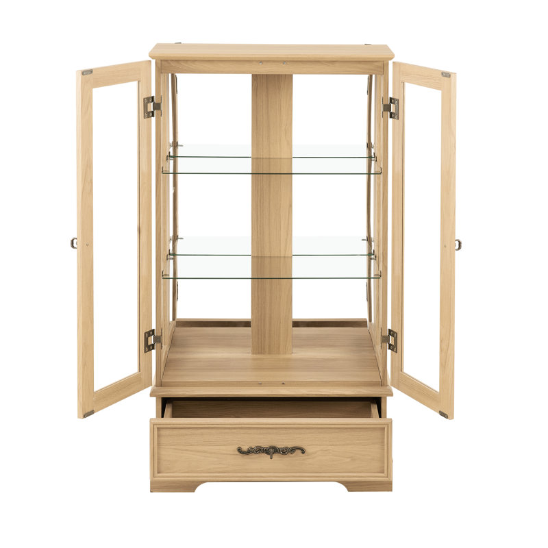 Élégante armoire en verre avec 2 portes, 1 tiroir, des tablettes réglables et une texture chêne style Curio 3, Chêne