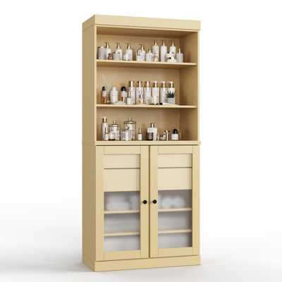 Armoire de salle de bain autoportante 100% bois massif 32 po avec portes en verre givré, 2 tiroirs et tablettes réglables - Rangement de salle de bain moderne