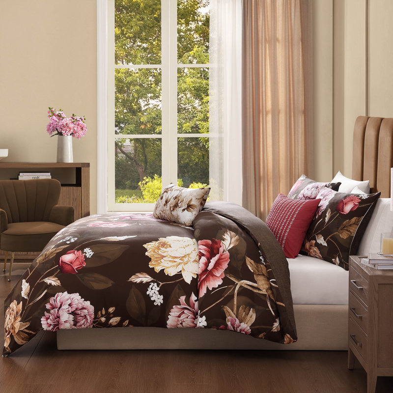 Queen Brown Floral Cotton Reversible Comforter Set