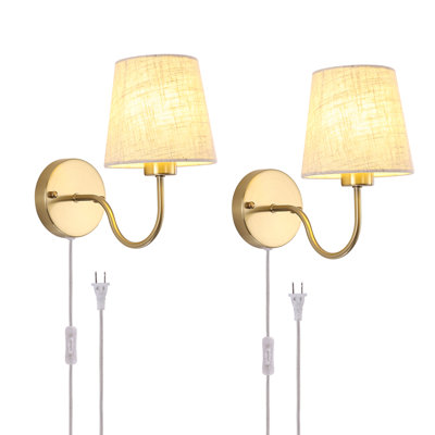 Rustic Plug in Wall Sconces, Gold Bedside Wall Lights with Fabric Lampshadefor Bedroom Living Room Hallway Entryway Porch