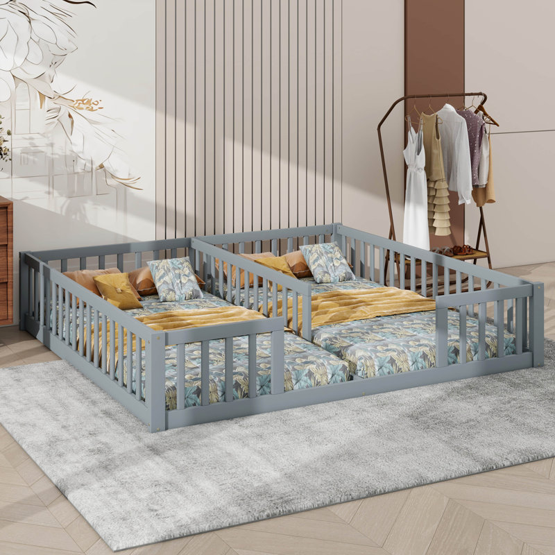 Double Twin Floor Bed With Fence And Guardrails, Grey