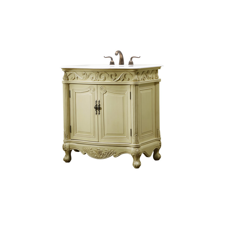32'' Single Bathroom Vanity with Marble Top, Antique Ivory, Guangxi White