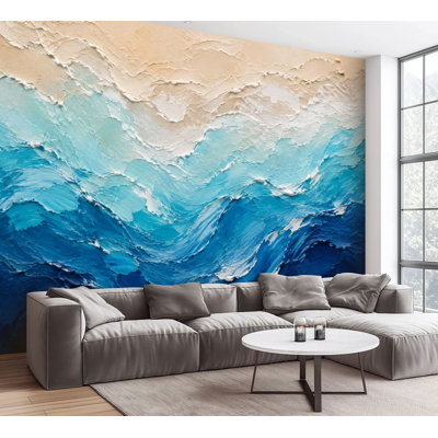 Wall Mural Peel and Stick Wallpaper Abstract Coastal Waves Blue Beige Palette Self-Adhesive Removable Contact Paper Wall Decor for Living Room Bedroom 100"H x 144"W