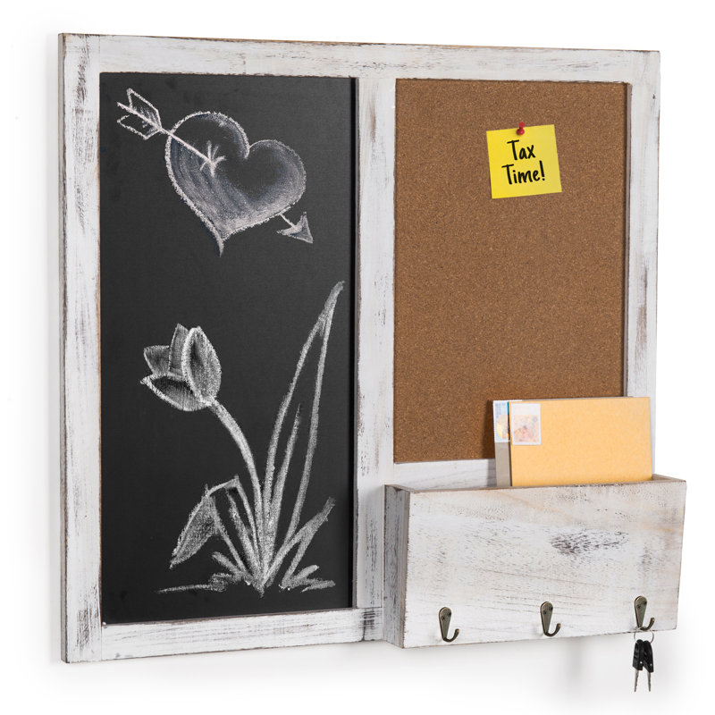 Entryway Wall Organiser with Key Hooks/Mail Storage/Chalkboard/Corkboard, White