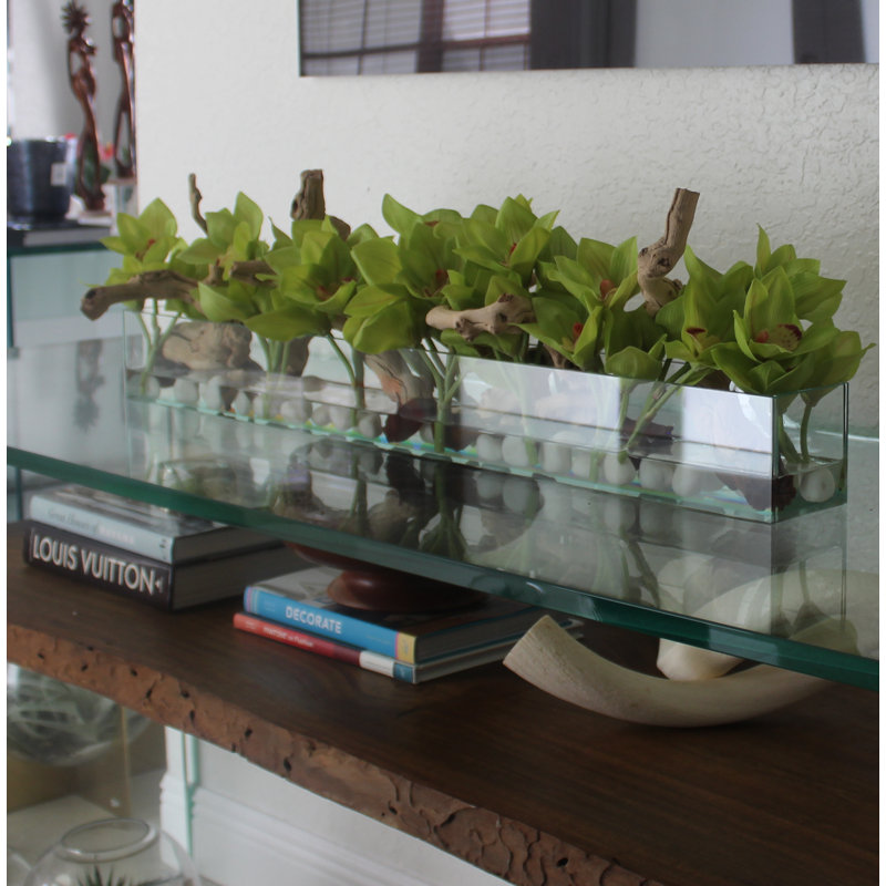 Driftwood Cymbidium Orchids Centerpiece in Glass Planter, 8" H x 48" W x 6" D, Green