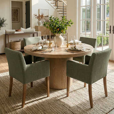 4 - Person Dining Table Sets With Solid Wood Round Table & 4 Linen Upholstered Armchairs