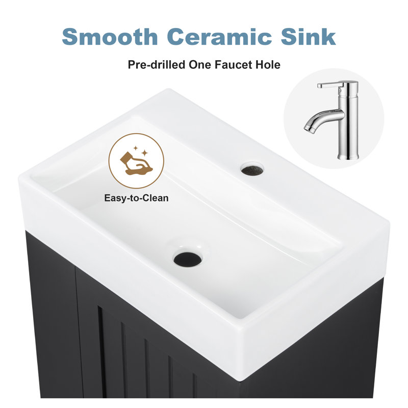 20-Inch Small Bathroom Vanity with Ceramic Sink - Modern Space-Saving Wall-Mounted Vanity Cabinet with Drawer and Side Shelf in Black with Golden Accents
