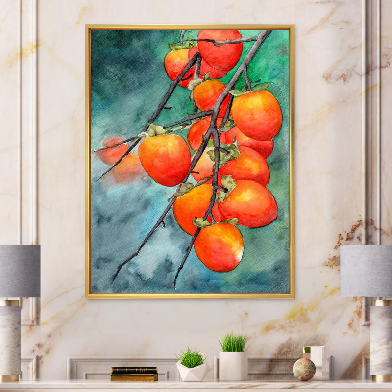Ripe Persimmons on Branches on Green - peinture sur toile, H 32 po x l 24 po x P 1 po, Cadre flottant doré