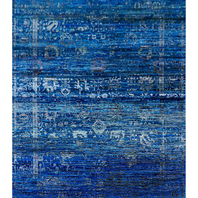 Tapis bleu foncé et noir noué à la main de haute qualité