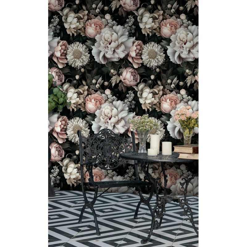 Rouleau de papier peint à motif de pivoines foncées amovible et dramatique
