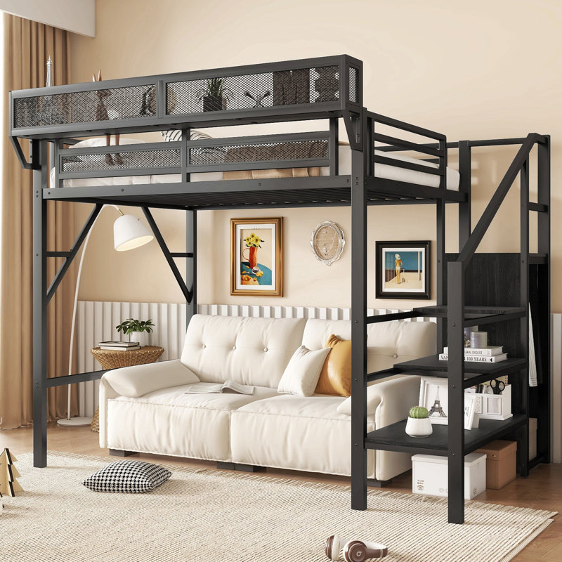 Lit mezzanine avec escalier, lit mezzanine double en métal avec tablettes de rangement, lit mezzanine haut avec garde-robe pour enfants adolescents
