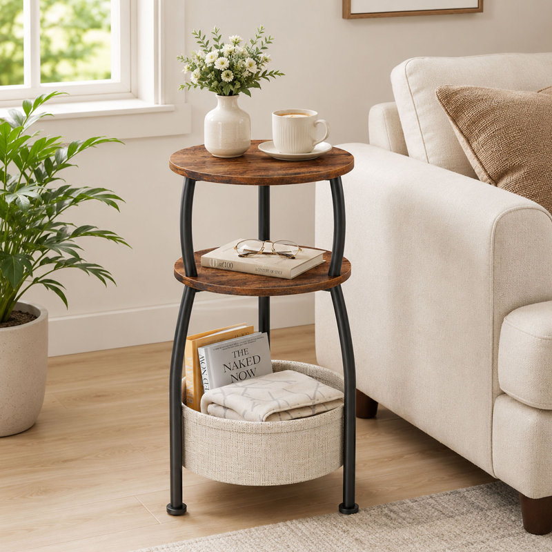 Table d'appoint ronde avec panier de rangement et tablettes à 3 niveaux