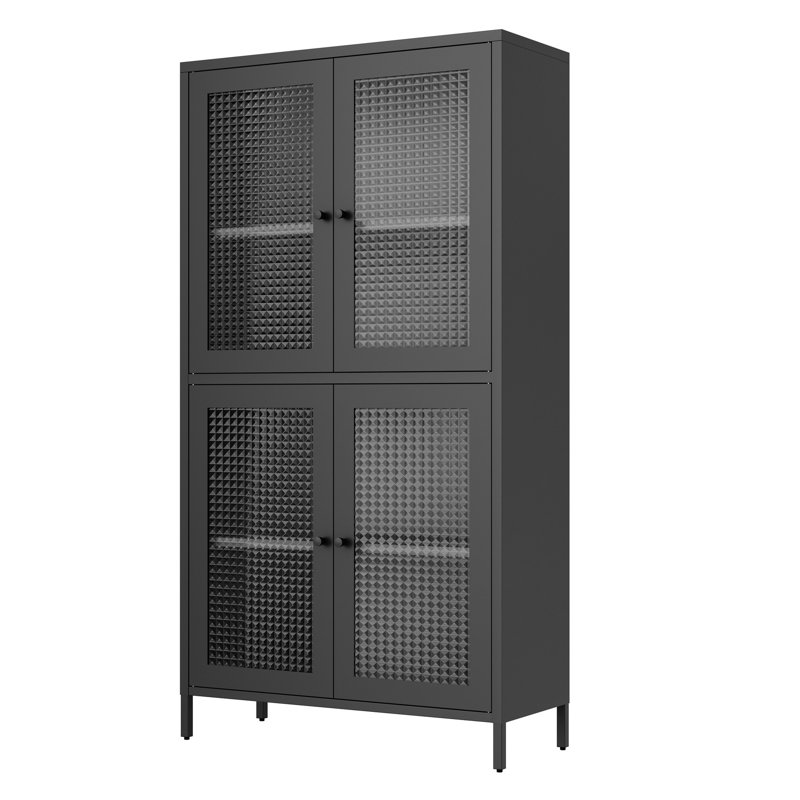 Classic Metal Cabinet With 4 Glass Doors For Home Office - Black Finish Freestanding Bookcase Tempered Living Room