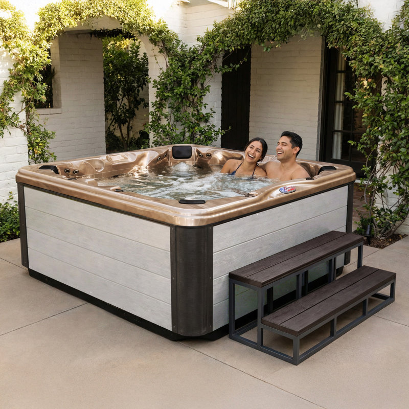 American Spas 240 Volt 7 45 - Jet Acrylic Square Standard (Hardwired) Hot Tub with Ozonator, White, Champagne