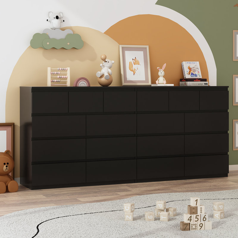 79 Inch Oversized Black Malm Dresser With 18 Drawers & Charging Station, Modern Handle-Free Wood Chest Of Drawers For Bedroom, Living Room, Entryway - TV Stand Compatible