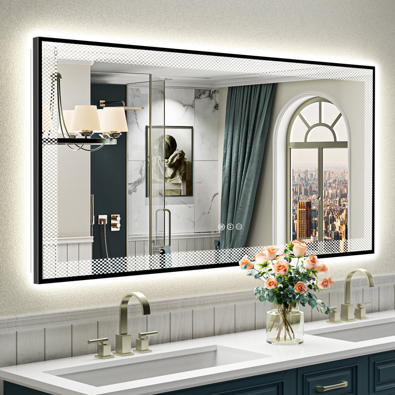 Black Framed LED Bathroom Mirror with Frontlit and Backlit, Lighted Vanity Mirror for Wall, Double Lighting 3 Colors Dimmable, Anti-Fog, Tempered Glass Shatter-Proof (Horizontal/Vertical)