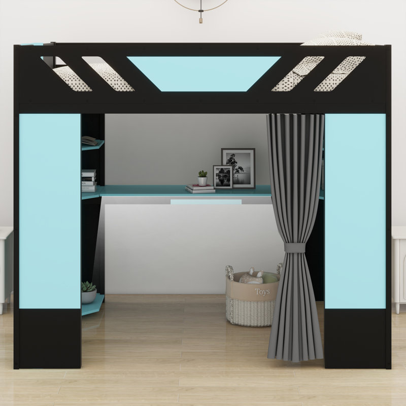 Élégante base de lit en bois avec bureau, tablettes de rangement, rideaux occultants et lumières RVB, Noir + Bleu nuage