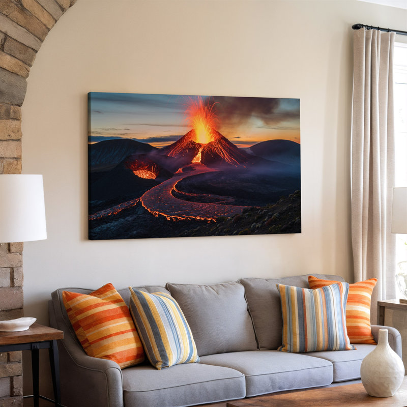 Toile, un volcan majestueux éclate dramatiquement au premier plan, son art mural craché d'une lave orange et rouge vibrante contre une toile