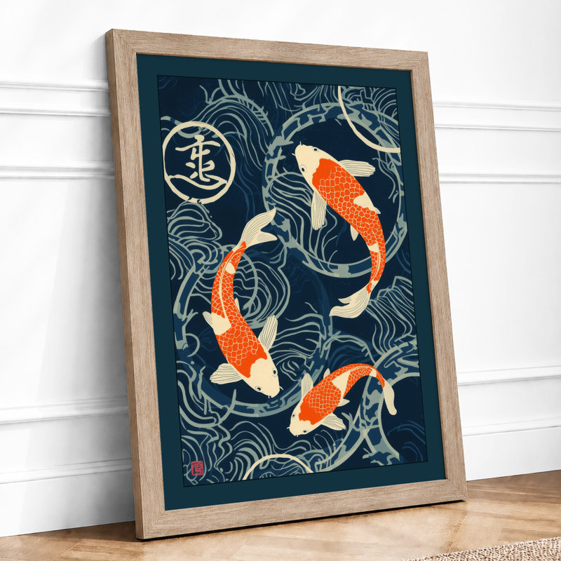 Koi Among Waves Japandi - Framed Print, A4 - 29.7 x 21.0 cm, Oak