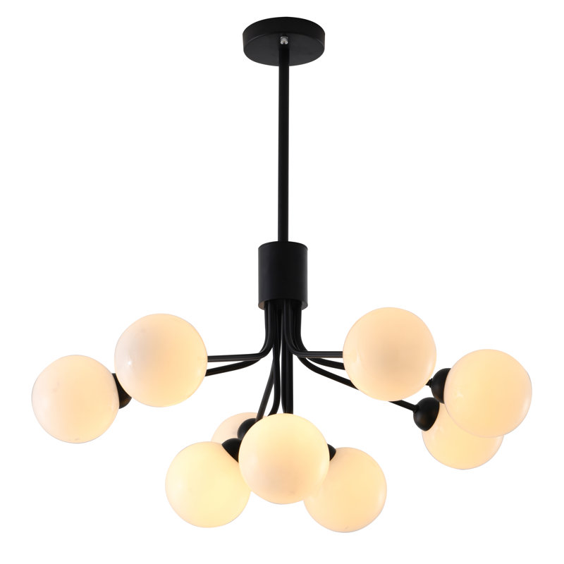 Lustre spoutnik noir 9 lumières avec abat-jour en verre blanc