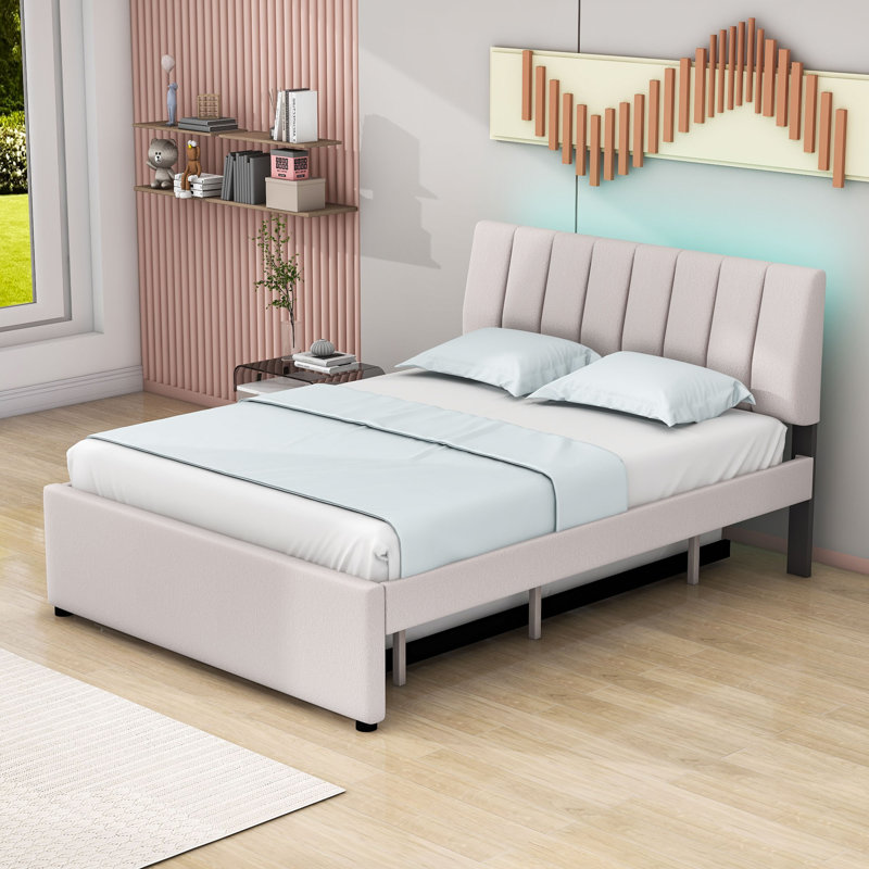 Lit plateforme tapissier avec tête de lit et lit gigogne Renzie, Double, Beige