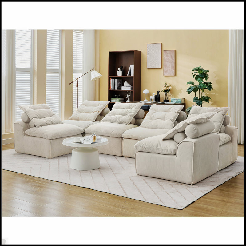 Canapé modulaire sans accoudoirs avec accoudoirs lombaires en velours côtelé à 6 places pour la lecture et la détente, Beige