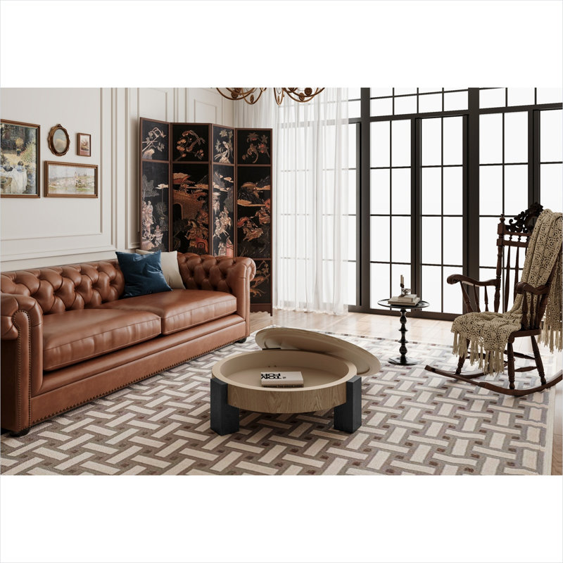 Table basse ronde avec plateau en placage de parquet et rangement caché, 33 po, bois naturel et noir mat