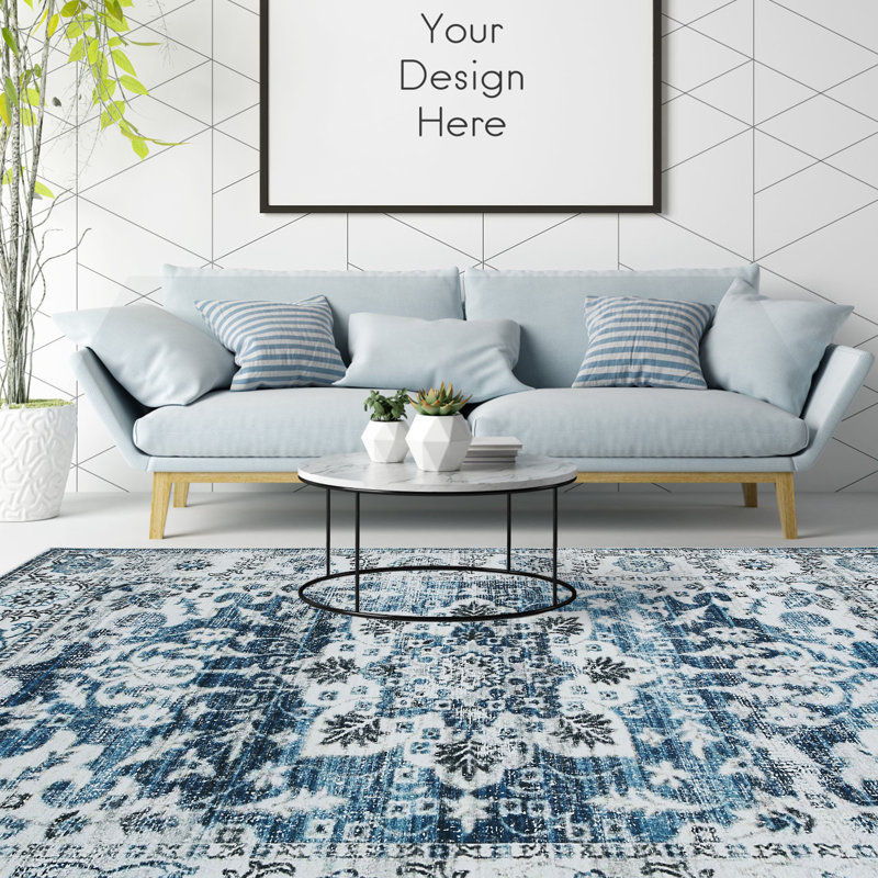 Tapis floral bleu en polyester Floral, Rectangle 6 pi x 9 pi