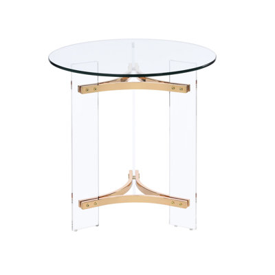 Table d'appoint élégante au fini doré, avec dessus en verre trempé et structure en métal. Surface sophistiquée de 59 cm de profondeur.