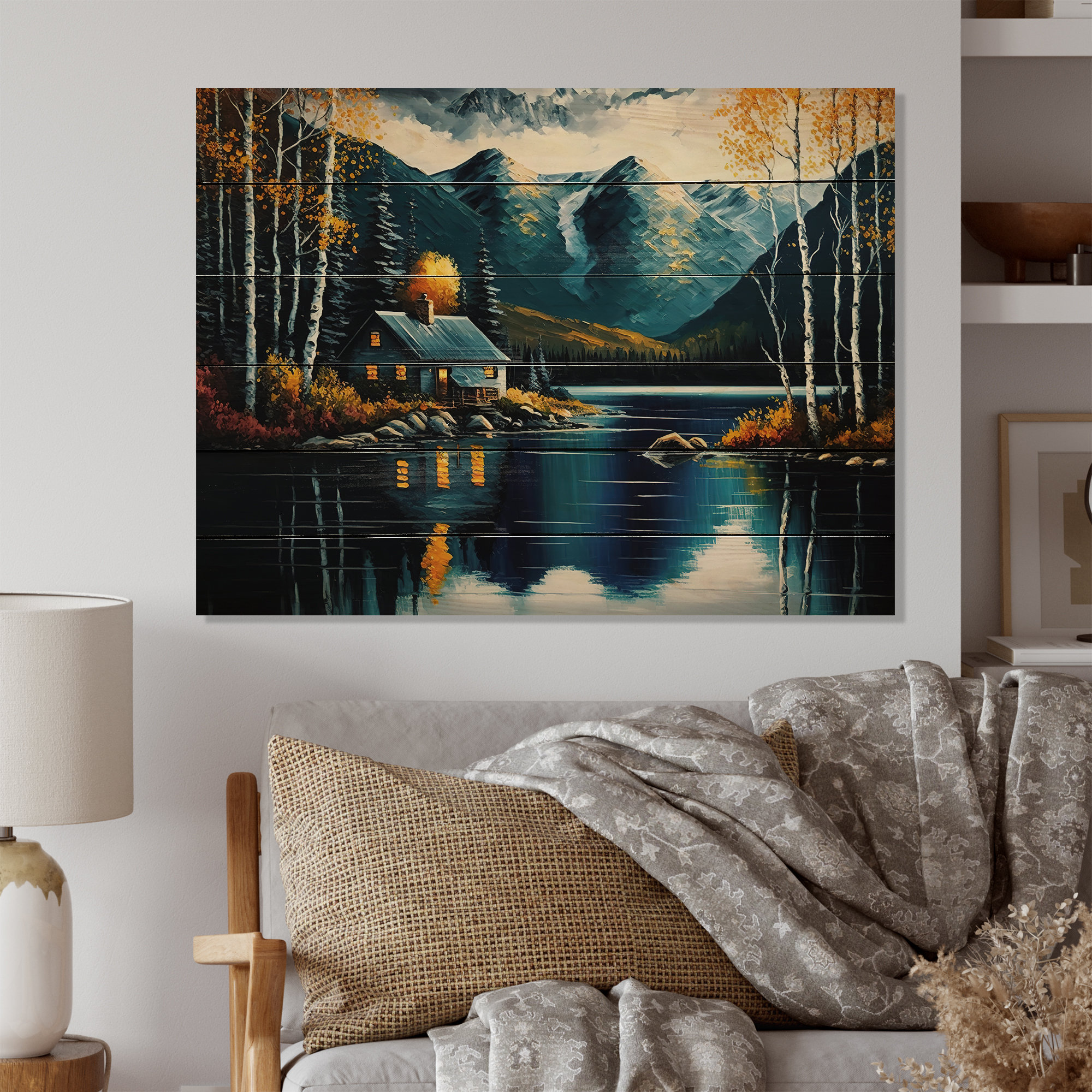 Fishing House by The Lake I - Unframed Print On Wood Millwood Pines Size: 12 H x 20 W x 1 D