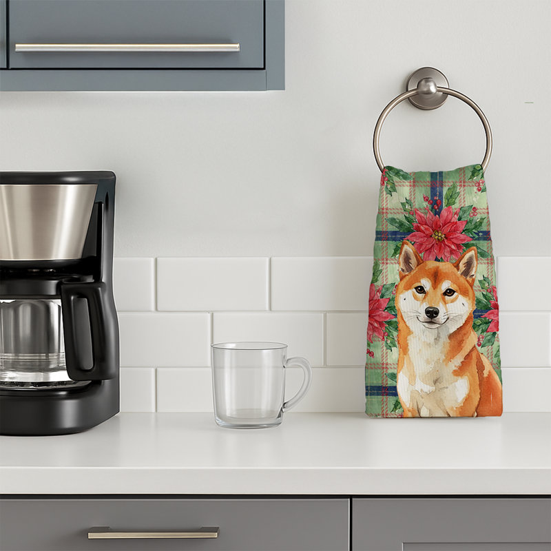 Red Shiba Inu Christmas PoinsettIas Kitchen Towel, Red Shiba Inu