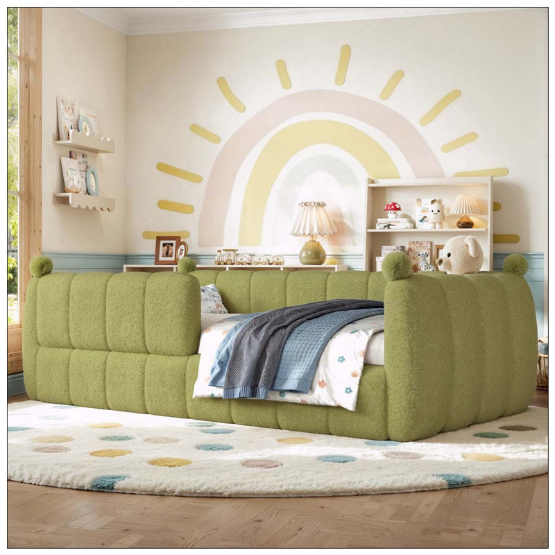 Lit de sol tapissier pour enfants, lit de plancher Montessori avec rails de sécurité, cadre de lit pour enfant, Antique Green