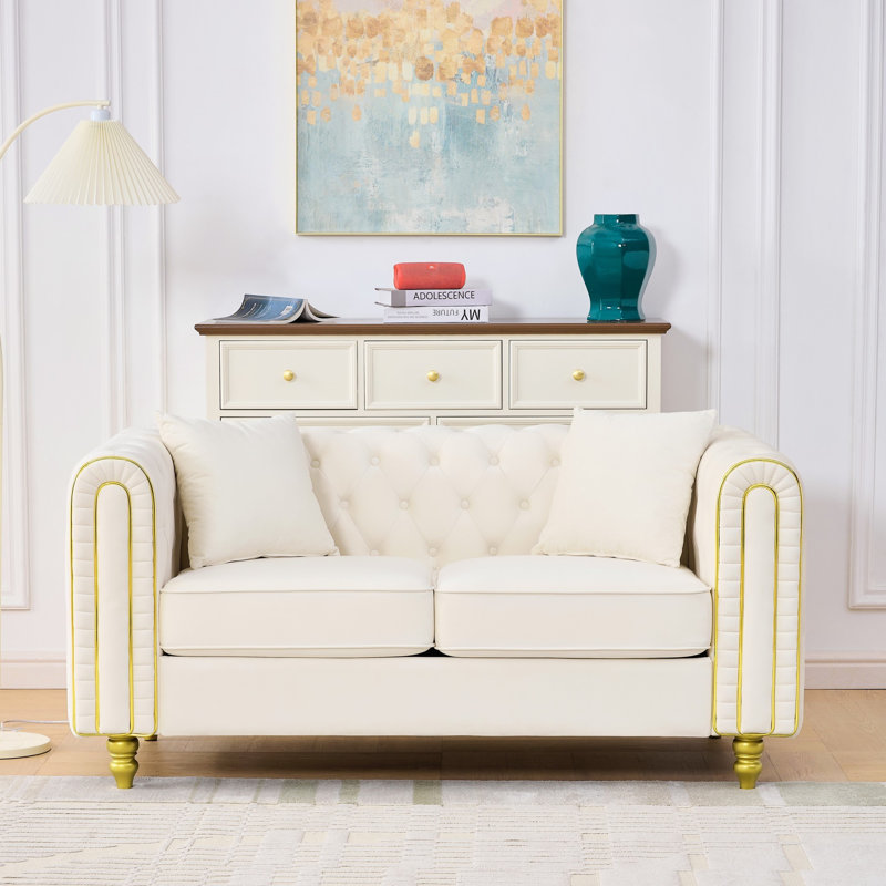 Velours beige moderne à 2 places de 63 po, bouton, base en bois franc, structure en bois avec limite de poids de 600 lb, capacité