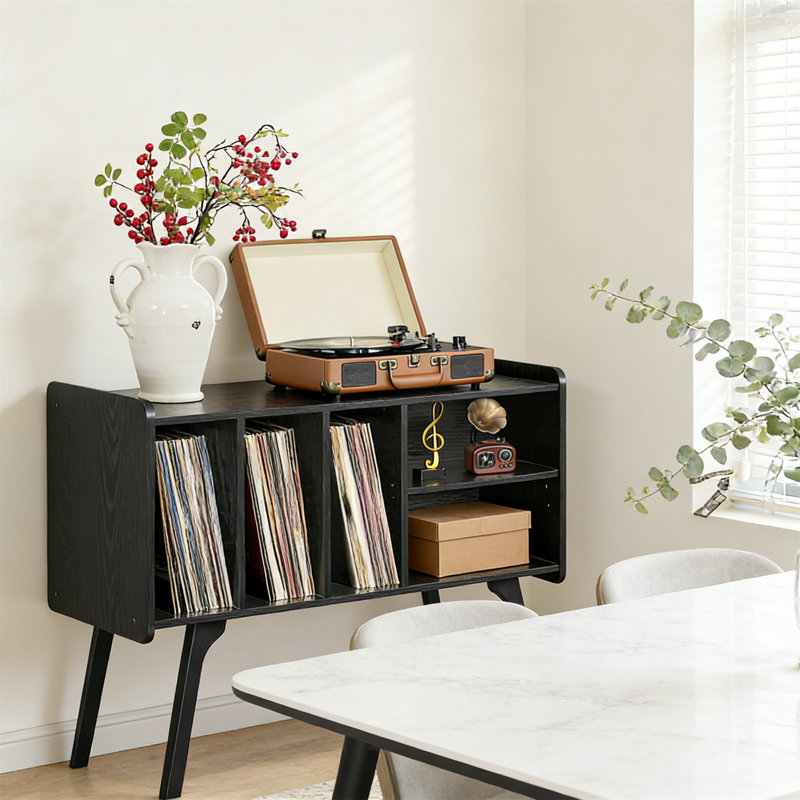 Record Player Stand With 4 Cabinets , Large Mid-Century Turntable Stand With Wood Legs, Vinyl Storage Table For Living Room Bedroom