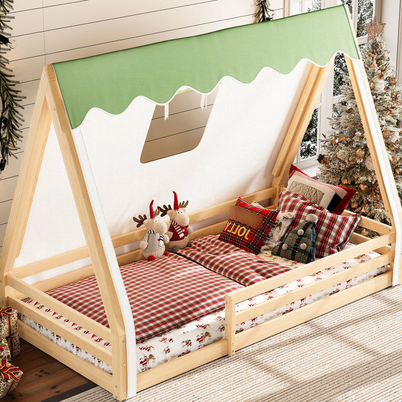 Lit simple pour lit simple avec tipi avec éclairage et garde-corps pleine longueur, structure en bois massif pour une aire de repos confortable, design, sécurité