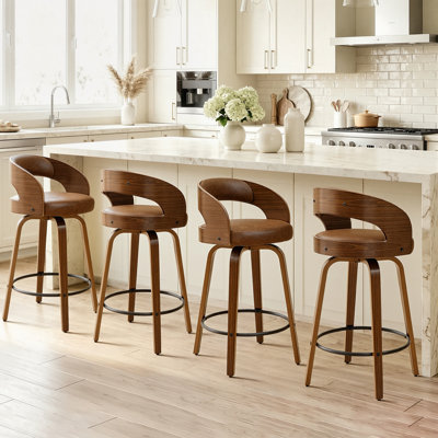 26" Modern Swivel Counter Stool with Bentwood Frame Leather Upholstery