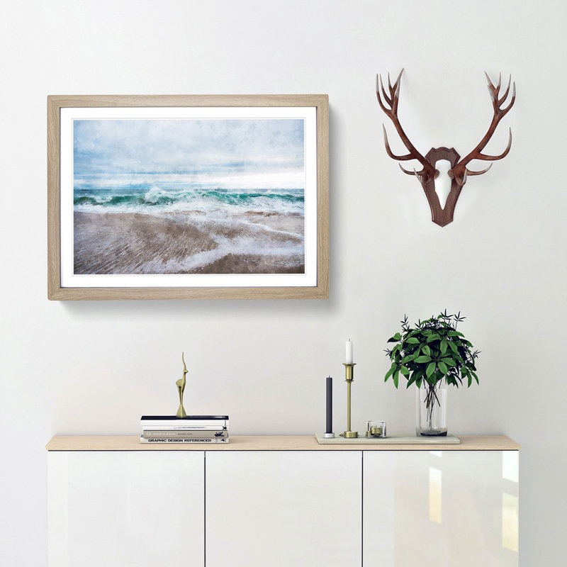 Beach In Santa Cruz California - Single Picture Frame Painting on MDF, 50cm H x 76cm W x 2cm D, Oak