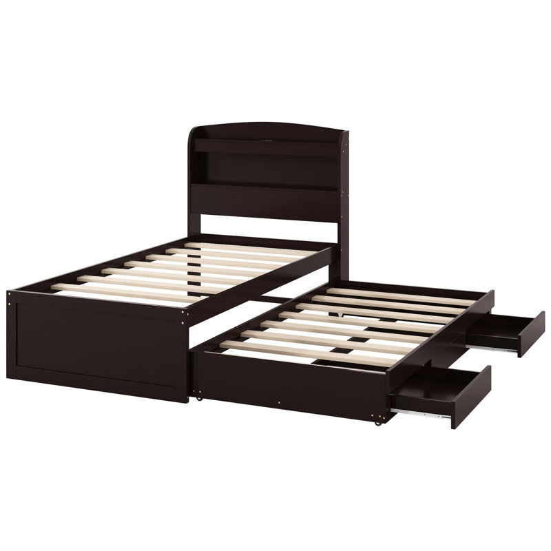 Lit simple brun foncé foncé avec rangement, tête de lit à chargement, 2 tiroirs, lit gigogne, espace de rangement efficace sur la plateforme,