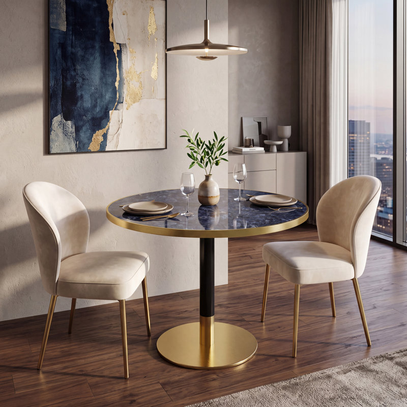 Table de salle à manger ronde en pierre frittée avec piédestal doré noir, Bleu saphir