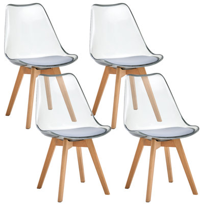 Acrylic Dining Chairs Set of 4, Clear Kitchen Chair with Padded Seat, Solid Wood Legs For Living Room, Home Office, Light Gray
