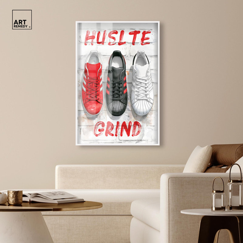 «Hustle Grind Brick Wall Sneakers Shadowbox Print Sneaker» par Art Remedy, cadre blond, 30 x 45, H 46 po x l 31 po
