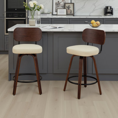 PU Leather Swivel Bar Stools Set of 2, Mid-Century Modern Counter Height Stools with Walnut Back & Bentwood Legs for Kitchen Island