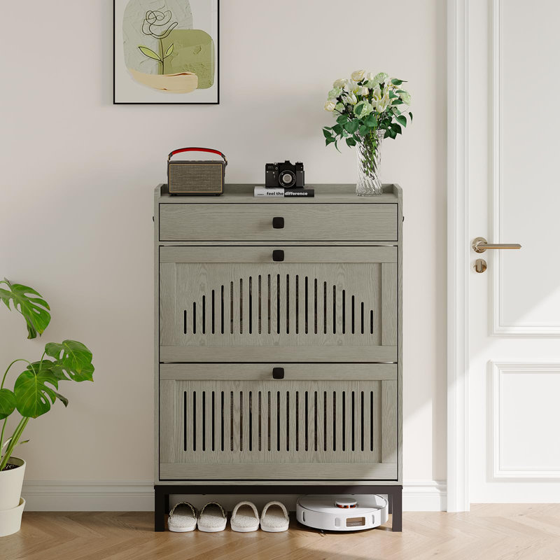 Armoire à chaussures avec 2 tiroirs rabattables et un tiroir supérieur, étagère à chaussures réglable pour le vestibule, Gris