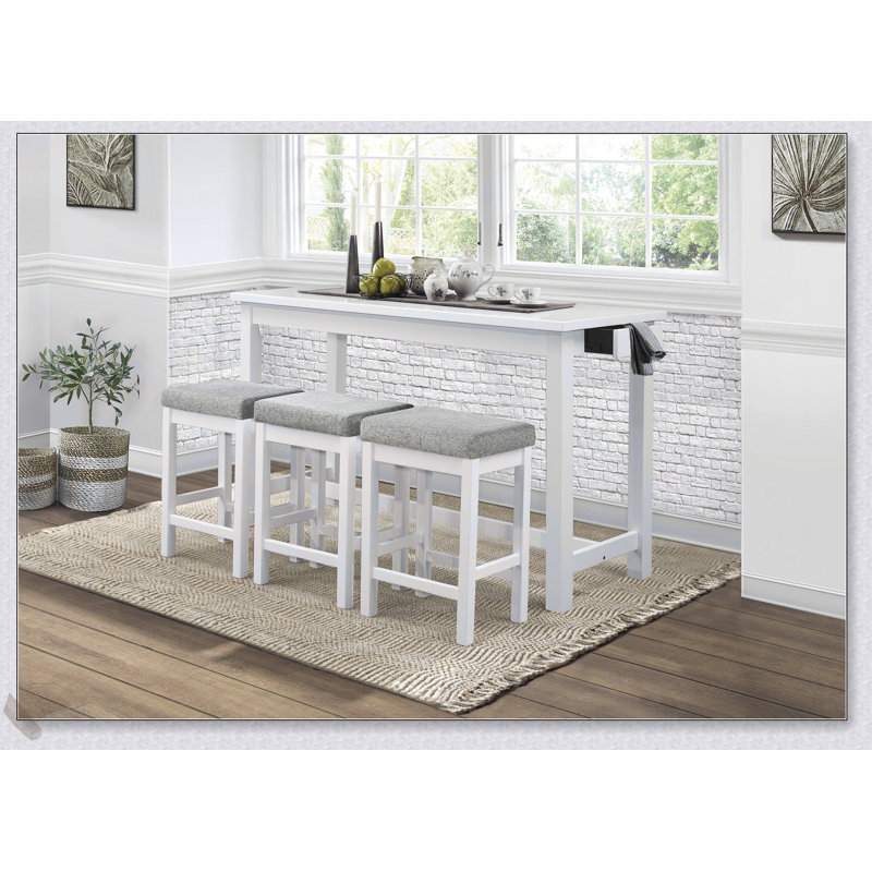Ensemble de salle à manger 4 pièces à hauteur de comptoir avec finition blanche, ports USB intégrés, prises de courant et 3 tabourets confortables pour la vie moderne