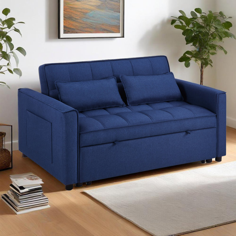 Omorfo 53.2'' Upholstered Convertible Sleeper Sofa, Navy Polyester Linen