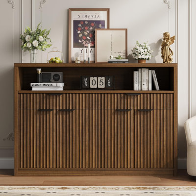 51 x 16 x 37 in Engineered Wood Buffet Cabinet with Waved Panel Front, 4 Doors and 2 Drawers Sideboard Storage for Dining Room Kitchen Living Room Hallway and Entryway, Walnut