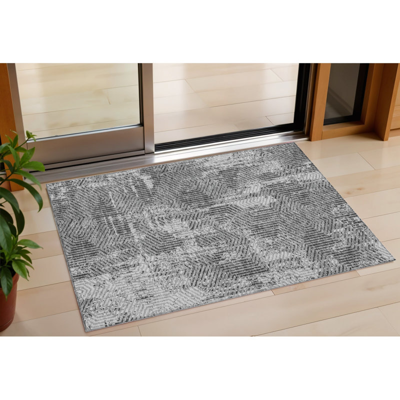 3' X 5' Gray And Charcoal Geometric Washable Indoor Outdoor Area Rug