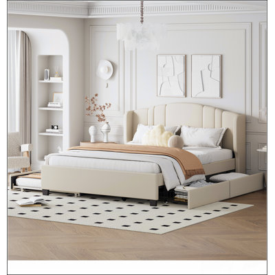 Upholstered Platform Bed With Wingback Headboard, Twin Trundle, And Two Drawers, No Box Spring Needed